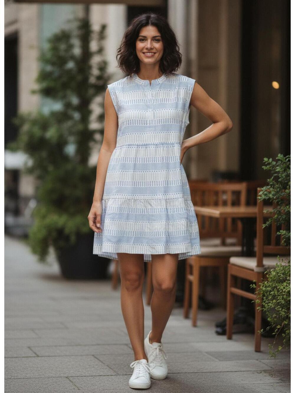 Marie Oliver Blue Cream Striped Lachlan Silk Linen Sleeveless Mini Dress Size S